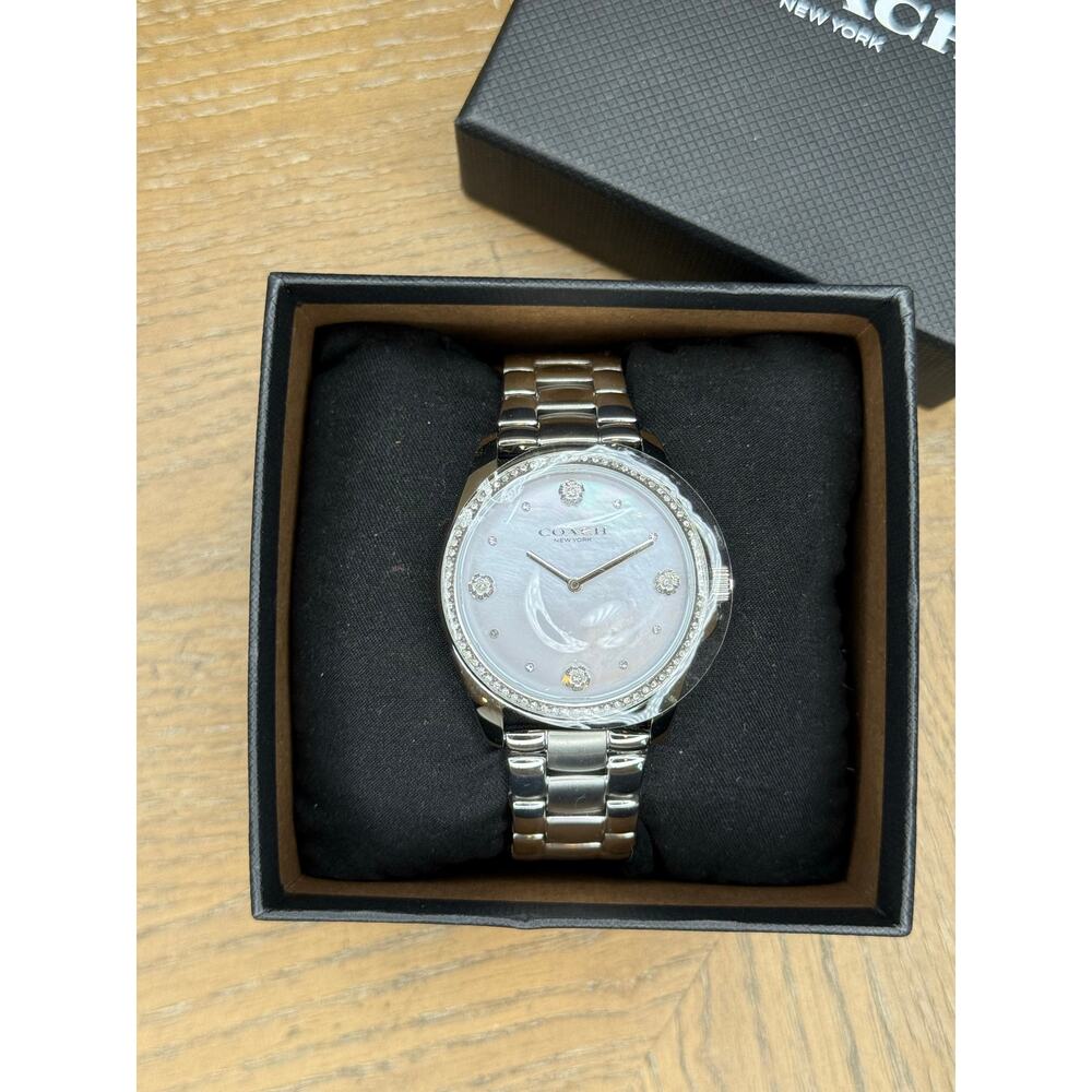 Coach New York Women’s Silver Tone Crystal Bezel Watch Mother of Pearl Dial NWT